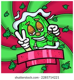 Weed Bud Packaging Design mit Watermelon Aroma Mascot Charakter Cartoon. Für Kennzeichnung, Verpackung, Produkt, Abdeckung und Branding. Vektorgrafiken und Illustrationen.