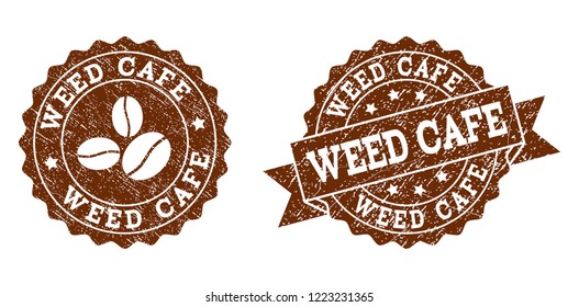 Weed Cafe rubber stamps. Vector seals in chocolate color with round, ribbon, rosette, coffee bean elements. Grainy design and scratched texture are used for Weed Cafe rubber imprints.