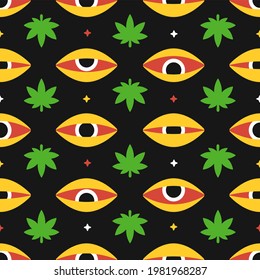 Weed cannabis leafs and red eyes seamless pattern. Vector hand drawn cartoon illustration icon design. Trippy marijuana cannabis weed and high eyes, dope seamless pattern concept