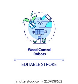 Weed Control Robots Concept Icon. Robotics In Agriculture Abstract Idea Thin Line Illustration. Farming Industry. Isolated Outline Drawing. Editable Stroke. Roboto-Medium, Myriad Pro-Bold Fonts Used