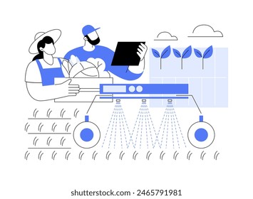 Unkrautbekämpfungsroboter isolierten Cartoon-Vektorillustrationen. Gruppe von Menschen, die robotische Maschinen verwenden, um Unkraut zu reduzieren, moderne Landwirtschaftstechnologie, Agrarinnovation-Industrie-Vektorgrafik-Cartoon.