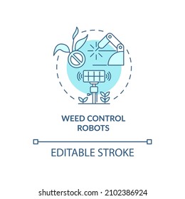 Weed Control Robots Turquoise Concept Icon. Eliminating Grass Abstract Idea Thin Line Illustration. Farm Industry. Isolated Outline Drawing. Editable Stroke. Roboto-Medium, Myriad Pro-Bold Fonts Used