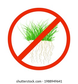 Weed Control Sign Isolated On White Background. Grass In Round Ban Icon. Garden Protection And Maintenance. Weed Removal Equipment Label. Stock Vector Illustration