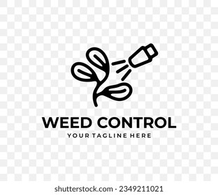 Weed control, spraying weeds pesticide, sprayer, linear graphic design. Plant, agriculture, weedicide spray, weed killer and insecticide, vector design and illustration