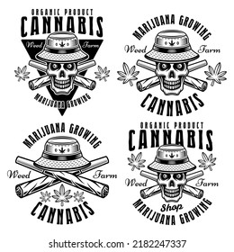 Weed farm and marijuana growing set of four vector emblems, badges, labels or logos. Illustration in vintage monochrome style isolated on white background
