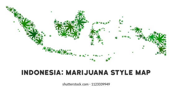 Weed Indonesia map mosaic of marijuana leaves. Narcotic distribution concept. Vector Indonesia map is designed of green weed leaves. Abstract territorial scheme in green color tints.