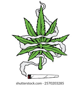 Weed with joint and smoke illustrations for your work Logo, mascot merchandise t-shirt. Smoke surrounds weed leaves vector illustration