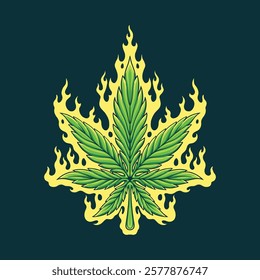 weed leaf burning trippy mascot illustration for tshirt design, logo, or stickers