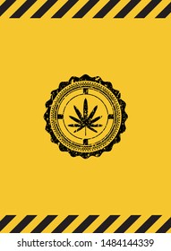 weed leaf icon black grunge emblem with yellow background. Vector Illustration. Detailed.