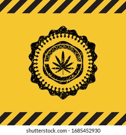 weed leaf icon black grunge emblem with yellow background. Vector Illustration. Detailed.