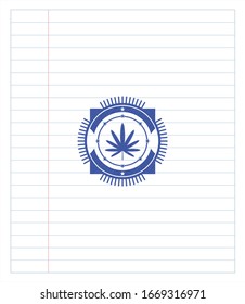 weed leaf icon draw (pen strokes). Blue ink. Vector Illustration. Detailed.