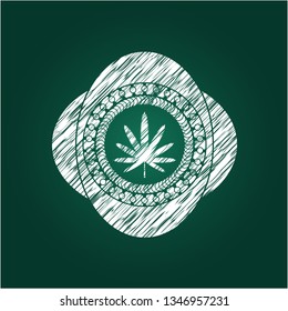 weed leaf icon drawn chalk emblem, retro style, chalk or chalkboard texture