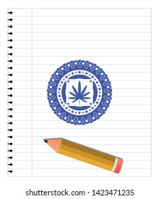 weed leaf icon emblem with pen effect. Blue ink. Vector Illustration. Detailed.