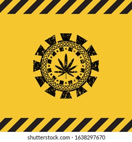 weed leaf icon grunge black emblem with yellow background, warning sign. Vector Illustration. Detailed.