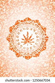 weed leaf icon inside abstract orange mosaic emblem with background