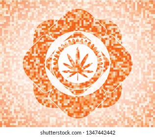 weed leaf icon inside abstract orange mosaic emblem