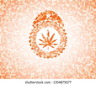 weed leaf icon inside abstract orange mosaic emblem with background