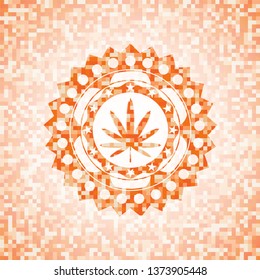 weed leaf icon inside abstract emblem, orange mosaic background