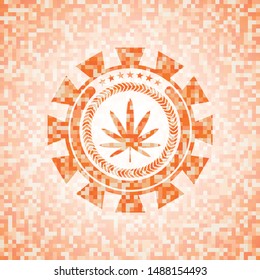 weed leaf icon inside abstract orange mosaic emblem