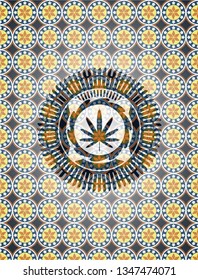 weed leaf icon inside arabesque badge background. arabic decoration.