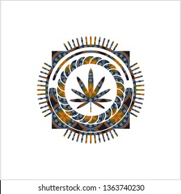 weed leaf icon inside arabesque style badge. arabic decoration.