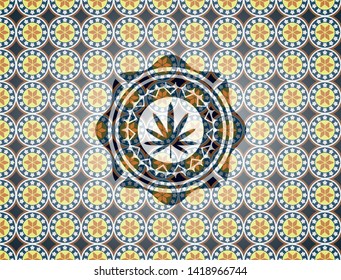 weed leaf icon inside arabesque style emblem. arabic decoration.