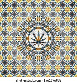 weed leaf icon inside arabesque badge background. arabic decoration.