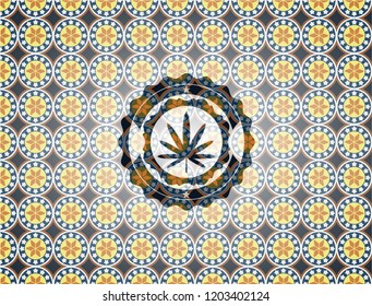 weed leaf icon inside arabic emblem background. Arabesque decoration.