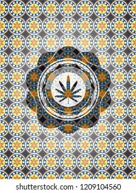 weed leaf icon inside arabic emblem background. Arabesque decoration.