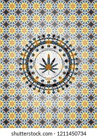 weed leaf icon inside arabic style badge. Arabesque decoration.
