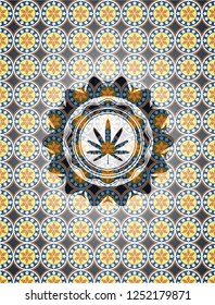 weed leaf icon inside arabic badge background. Arabesque decoration.