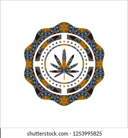 weed leaf icon inside arabic emblem background. Arabesque decoration.