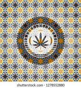 weed leaf icon inside arabic emblem background. Arabesque decoration.