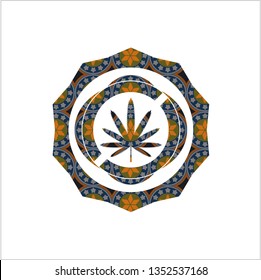 weed leaf icon inside arabic style badge. Arabesque decoration.
