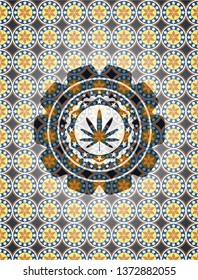 weed leaf icon inside arabic style emblem. Arabesque decoration.