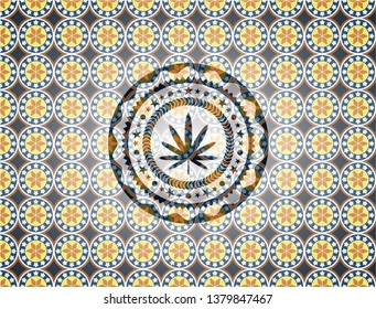 weed leaf icon inside arabic emblem. Arabesque decoration.