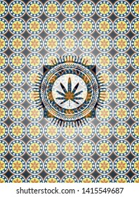 weed leaf icon inside arabic badge. Arabesque decoration.