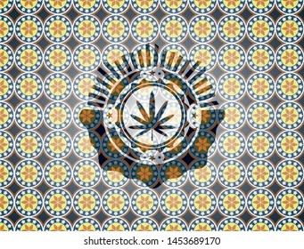 weed leaf icon inside arabic emblem background. Arabesque decoration.
