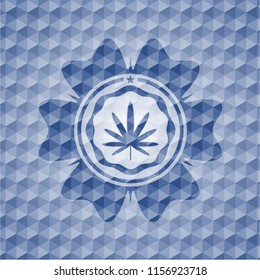 weed leaf icon inside blue badge with geometric pattern background.