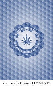 weed leaf icon inside blue emblem with geometric pattern.