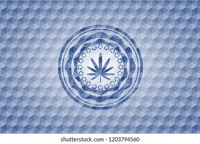 weed leaf icon inside blue emblem or badge with geometric pattern background.