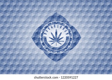 weed leaf icon inside blue badge with geometric pattern.