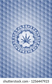 weed leaf icon inside blue hexagon badge.