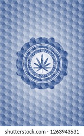 weed leaf icon inside blue emblem or badge with abstract geometric polygonal pattern background.