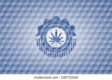 weed leaf icon inside blue polygonal badge.