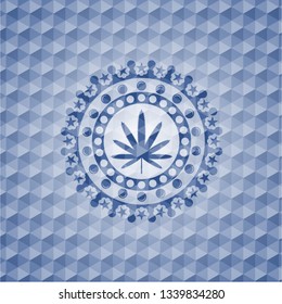 weed leaf icon inside blue emblem with geometric background.