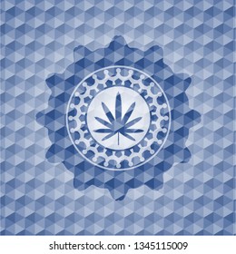 weed leaf icon inside blue badge with geometric pattern.