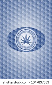 weed leaf icon inside blue emblem or badge with abstract geometric pattern background.