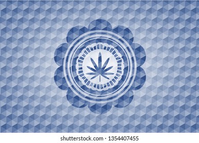 weed leaf icon inside blue badge with geometric pattern background.
