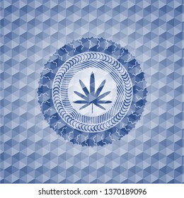 weed leaf icon inside blue badge with geometric pattern background.